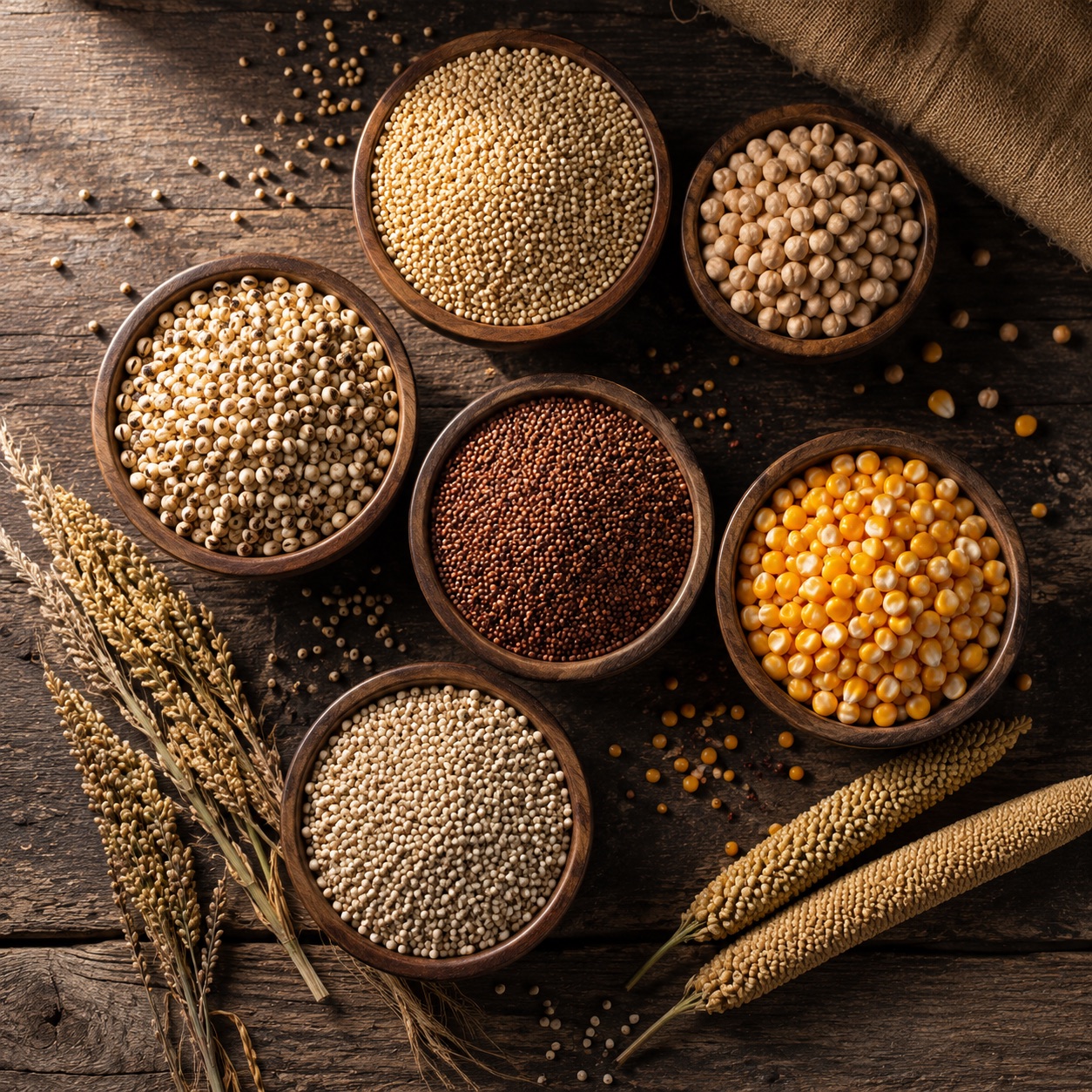 Ancient grains bowl of millets with natural grain stalks